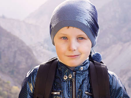Portrait of caucasian boy in hikingの写真素材
