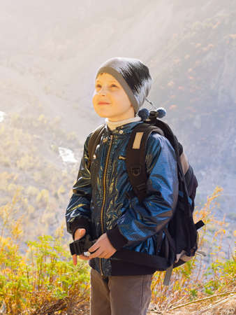 Portrait of caucasian boy in hikingの写真素材