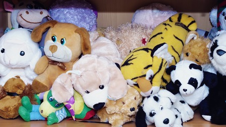 Stuffed soft animal toys waiting for a child to play at homeの写真素材