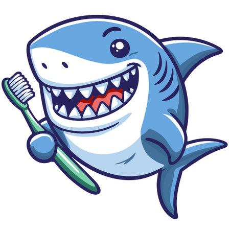 smiling shark holding a toothbrush vector cartoon drawing illustrationのイラスト素材