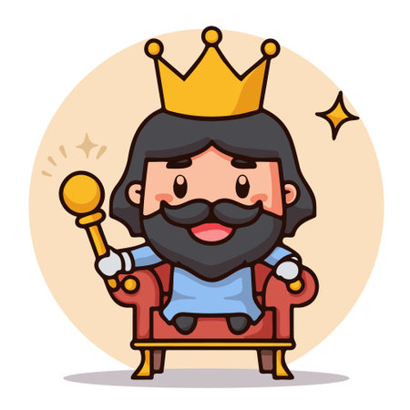 cartoon vector drawing of a king with a crown on his head with a beard and mustache sitting on a throne holding a scepterのイラスト素材