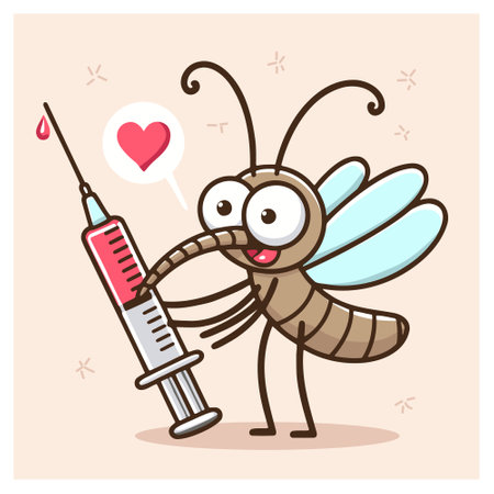 vector drawing of a cartoon mosquito holding a syringe with blood on a light backgroundのイラスト素材