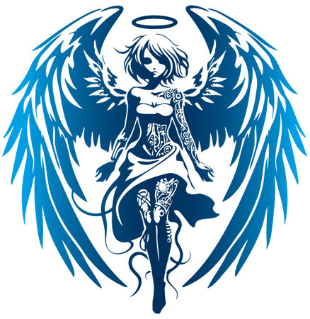 Uncomplicated full-body vector stencil drawing of a techno angel girl with wings on a white backdropのイラスト素材