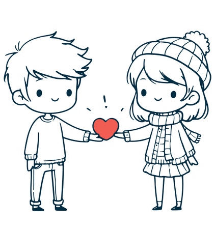 Two lovers both him and her clutching a heart in their hands depicted in a straightforward vector drawing cartoon styleのイラスト素材