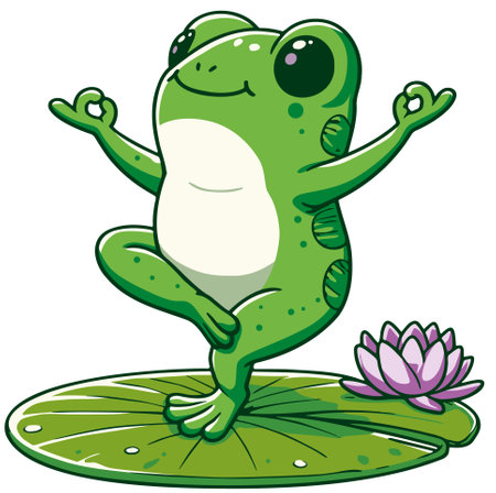 frog standing on one leg doing yoga on a water lily leaf with lily vector drawingのイラスト素材