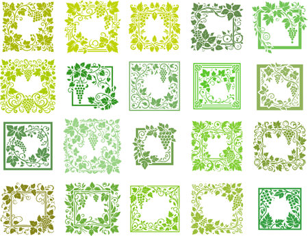 Grape pattern in frame with leaves and swirls for ornamentsのイラスト素材