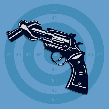 Revolver on a blue background with circles. Vector illustration in retro style.