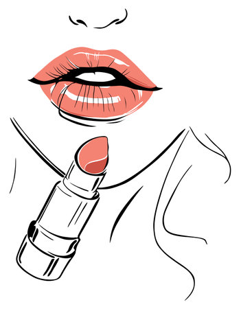 Illustration of a woman applying lipstick on her lips. Vector illustrationのイラスト素材