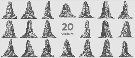 Vector set of mountains. Hand drawn monochrome illustration of rocks.のイラスト素材