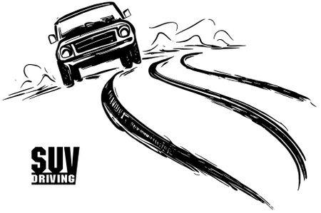 Car on the road. Vector illustration in black and white colors.のイラスト素材