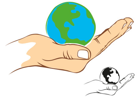 Human hand holding the globe. Vector illustration isolated on white background.のイラスト素材