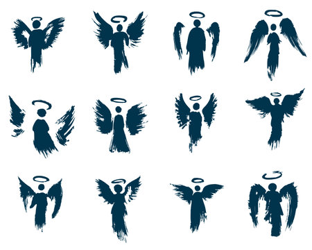 Angel icons set. Silhouette of angel with halo and halo. Vector illustrationのイラスト素材