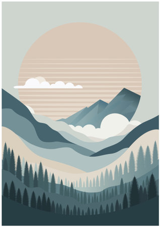 Mountain landscape with sun and clouds. Vector illustration in flat styleのイラスト素材