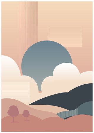 Retro landscape with clouds, sun and tree. Vector illustration.のイラスト素材