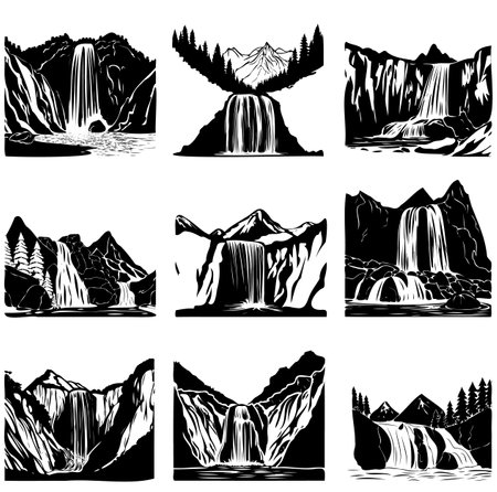 Waterfalls in the mountains. Set of black and white vector illustrations.のイラスト素材