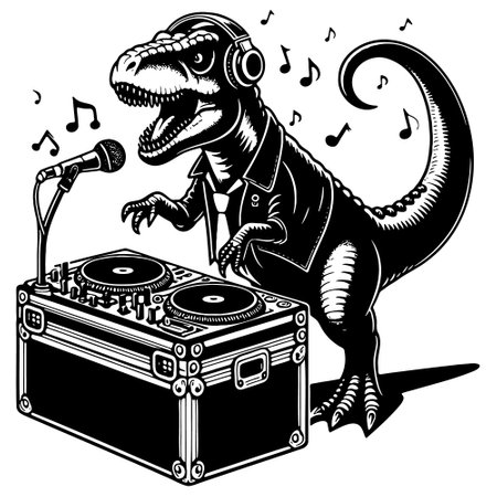 Dinosaur playing on turntables. Vector illustration ready for vinyl cutting.のイラスト素材