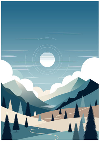 Mountains and forest landscape in the flat style. Vector illustration.のイラスト素材