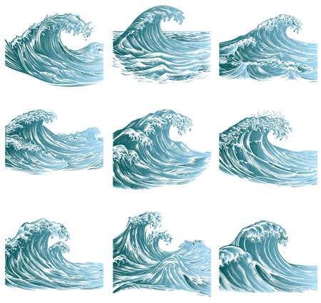 Set of blue sea waves isolated on white background. Vector illustration.