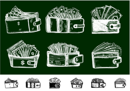 Set of sketches of wallet with money. Vector illustration on green background.のイラスト素材