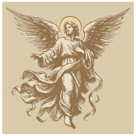 Angel with wings. Hand drawn vector illustration in vintage engraved style.のイラスト素材