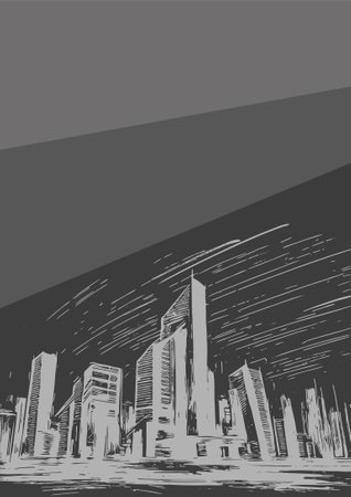 Abstract urban landscape with skyscrapers. Hand drawn vector illustration.のイラスト素材