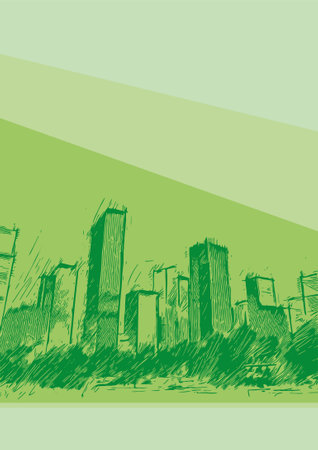 Green city background. Vector illustration of a green city with skyscrapers.のイラスト素材
