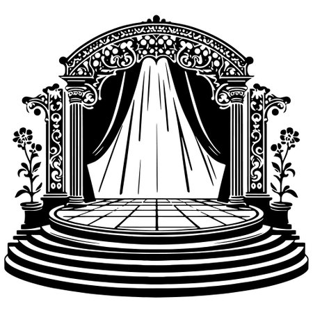 Black and White Illustration of an Elegant Stage with a Curtain and Flowerのイラスト素材