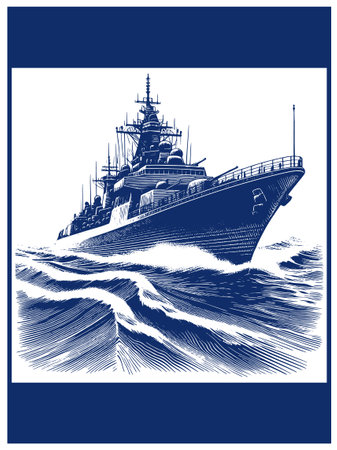 Vector illustration of a warship in the sea. Design element for poster, card, banner.のイラスト素材