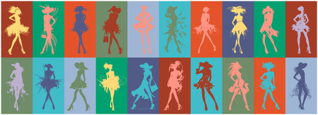 Silhouettes of fashion girls on colorful background. Vector illustration.のイラスト素材