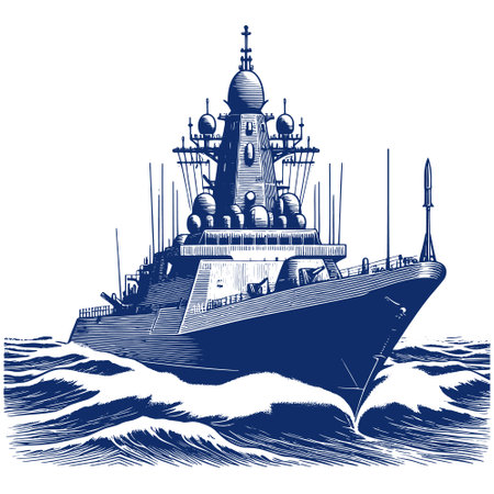 Sketch of a warship in the sea. Vector illustrationのイラスト素材