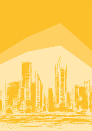 Silhouette of skyscrapers on a yellow background. Vector illustrationのイラスト素材