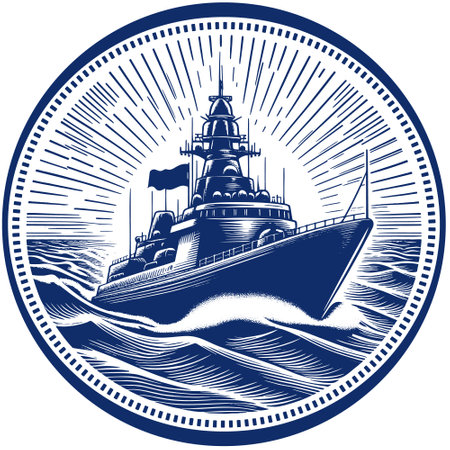 Illustration of a military ship on the sea with starburst in the backgroundのイラスト素材