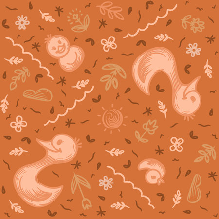 Cute hand drawn seamless pattern with birds, flowers and leaves.のイラスト素材