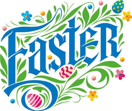 Easter lettering with Easter eggs and flowers. Vector illustration.のイラスト素材