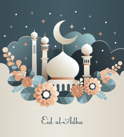 Eid al adha greeting card with mosque, moon and flowersのイラスト素材