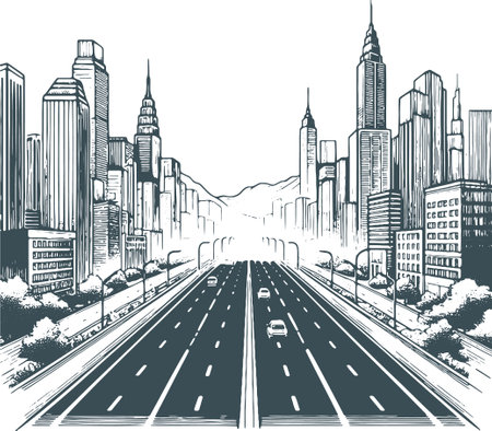 Cityscape with highway and skyscrapers. Hand drawn vector illustration.のイラスト素材