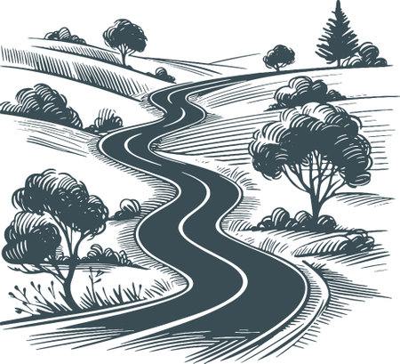 Winding road in the countryside. Vector illustration in black and white colors.のイラスト素材