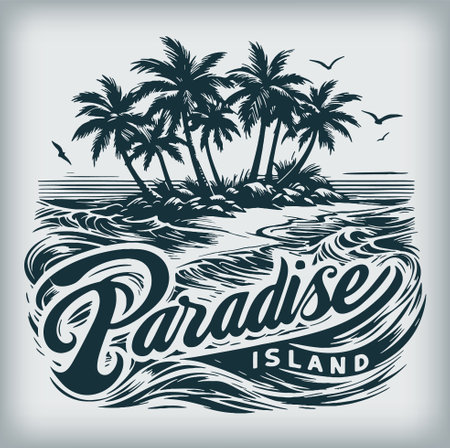 Tropical paradise lettering poster with palm trees and waves vector illustrationのイラスト素材