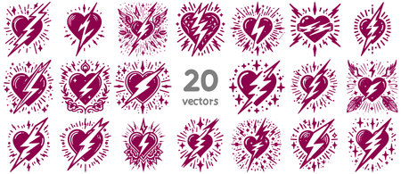 Set of grunge heart and lightning icons. Vector illustration for your designのイラスト素材