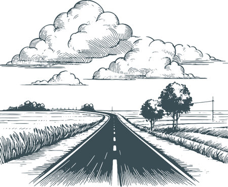 Country road and clouds. Vector illustration in black and white colors.のイラスト素材