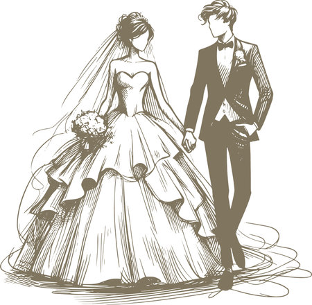 Wedding couple. Bride and groom. Sketch. Vector illustrationのイラスト素材