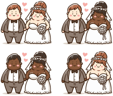 Cute cartoon bride and groom with different hairstyles. Vector illustration.のイラスト素材