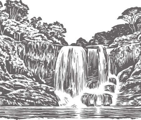 Waterfall in the jungle. Black and white vector hand drawn illustrationのイラスト素材