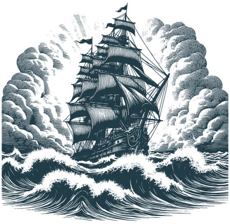 Sailing ship in the stormy sea. Black and white vector illustration.のイラスト素材