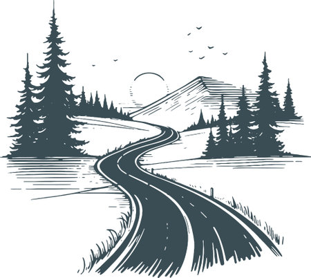 Vector hand drawn illustration of a road in the forest. Retro style.のイラスト素材