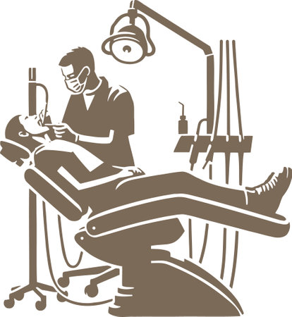 a dentist treats the teeth of his patient lying in a chair just a stencil drawingのイラスト素材