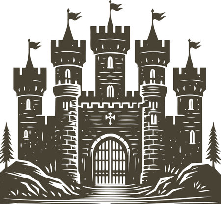 Castle with flags on top of towers surrounded by rocks simple minimalistic stencil drawingのイラスト素材