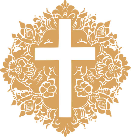Cross with right angles and detailed symmetrical floral patterns around stencil designのイラスト素材
