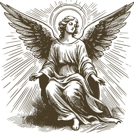 Angel with wings. Black and white engraving. Vector illustration.のイラスト素材