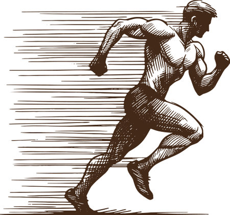 Running man. Ink black and white engraving. Vector illustration.のイラスト素材